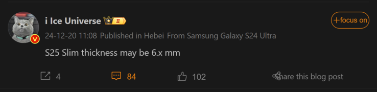 Raport Ice Universe na temat Galaxy S25 Slim (źródło obrazu: Weibo - przetłumaczone maszynowo)