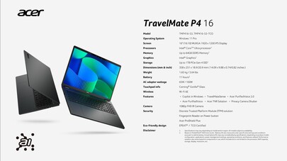 Acer TravelMate P4 16: Specyfikacja. (Źródło: Acer)