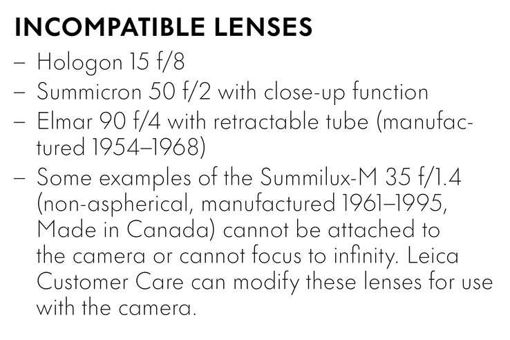 Leica M11-D jest kompatybilna z prawie wszystkimi obiektywami Leica M produkowanymi od 1954 roku, z wyjątkiem tych obiektywów. (Źródło zdjęcia: Leica)