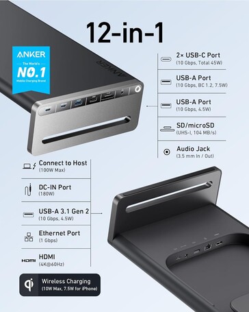 Stacja dokująca Anker 675 USB-C (12 w 1, podstawka pod monitor, bezprzewodowa). (Źródło zdjęcia: Anker)