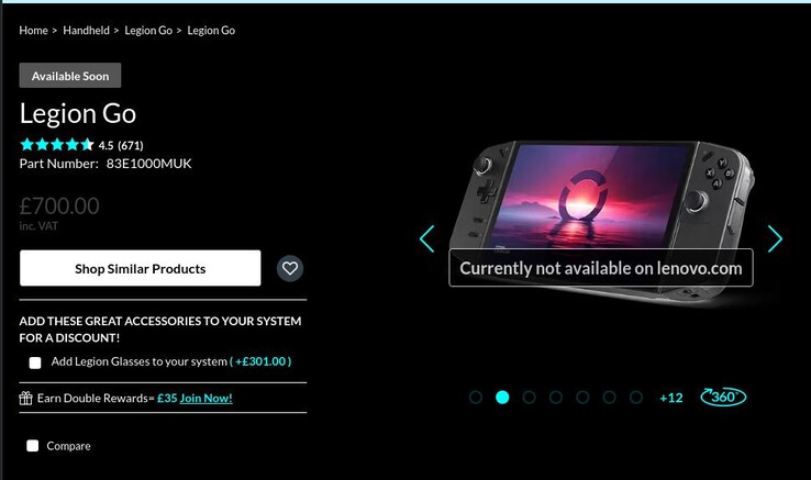 Odwiedzający kilka witryn Lenovo w Europie są witani komunikatem "Obecnie niedostępne na lenovo.com" podczas odwiedzania strony produktu Legion Go. (Źródło zdjęcia: Lenovo UK)