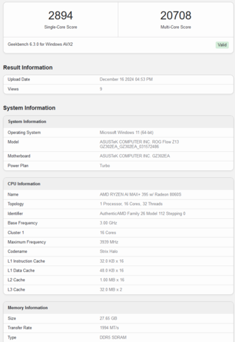 Wydajność procesora AMD Ryzen AI Max Plus 395 (źródło obrazu: Geekbench)