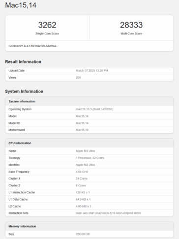 Apple Wynik procesora M3 Ultra Geekbench (wynik obrazu Geekbench)