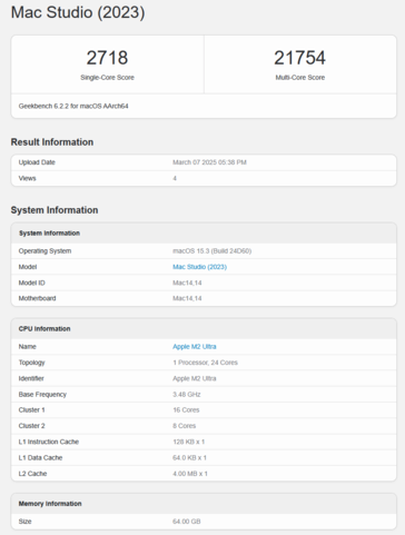 Apple Wynik procesora M2 Ultra Geekbench (wynik obrazu Geekbench)