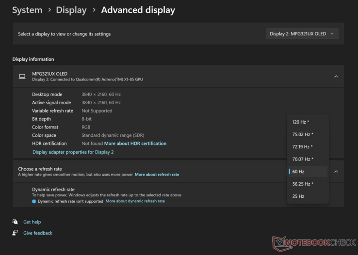 XPS 13 9345 oferuje szczytową częstotliwość odświeżania 120 Hz, ale tylko przy 1440p. (Źródło obrazu: Notebookcheck)