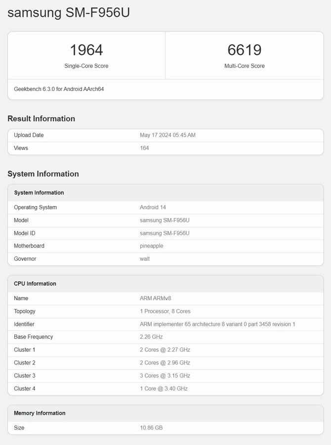 Amerykański model Samsunga Galaxy Z Fold6 ze Snapdragonem 8 Gen 3 pojawił się w Geekbench.