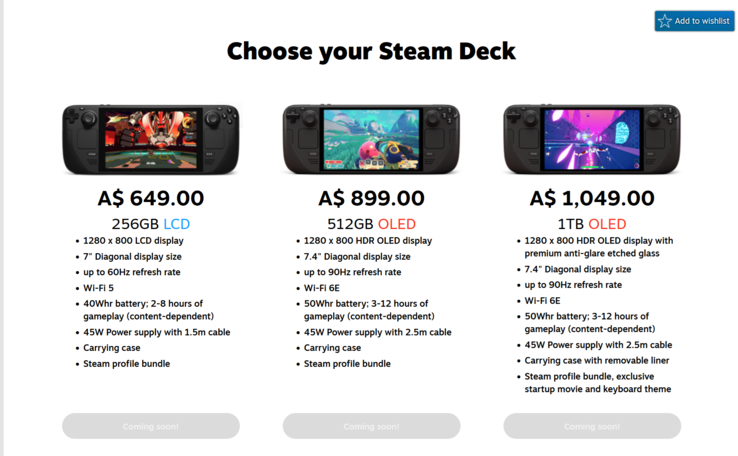 Ceny Steam Deck Australia (źródło obrazu: Valve)