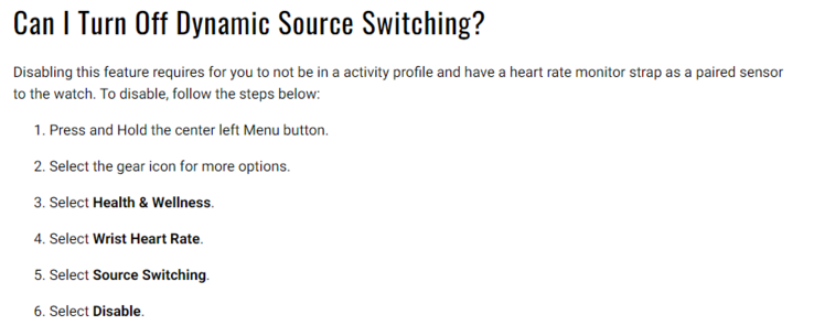 Instrukcja dla użytkowników, aby wyłączyć narzędzie do dynamicznego przełączania źródła tętna. (Źródło obrazu: Garmin)