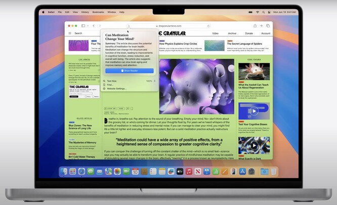 macOS Sequoia otrzymuje ulepszony tryb czytnika w Safari z imponującymi możliwościami zapobiegania rozpraszaniu uwagi. (Źródło: Apple)