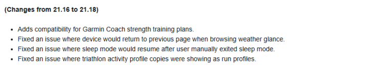 Dziennik zmian dla wersji beta 21.18 dla zegarków Forerunner 255 i Forerunner 955. (Źródło obrazu: Garmin)