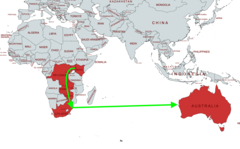 Proponowana trasa nowego podmorskiego kabla światłowodowego Google przecina południową Afrykę i Ocean Indyjski. (Zdjęcie za pośrednictwem MapChart z poprawkami)