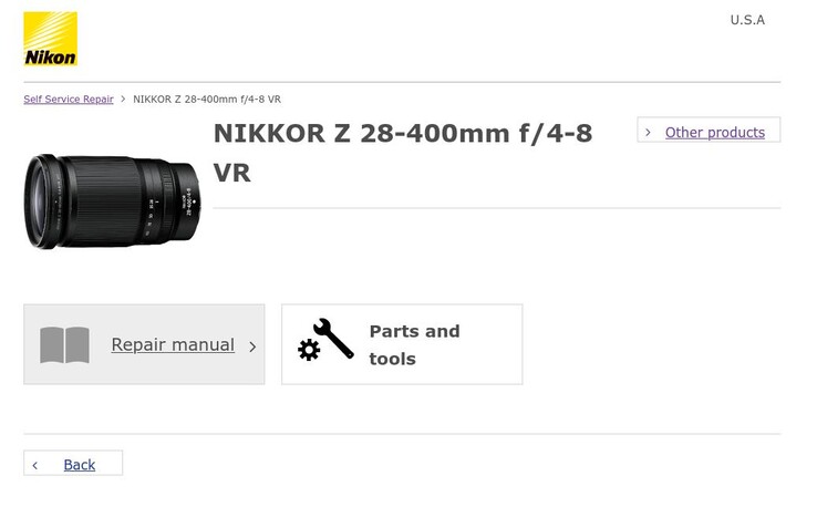 Samoobsługowa sekcja napraw firmy Nikon nadal nie zawiera części zamiennych do trzech produktów, które są wymienione na stronie. (Źródło zdjęcia: Nikon)