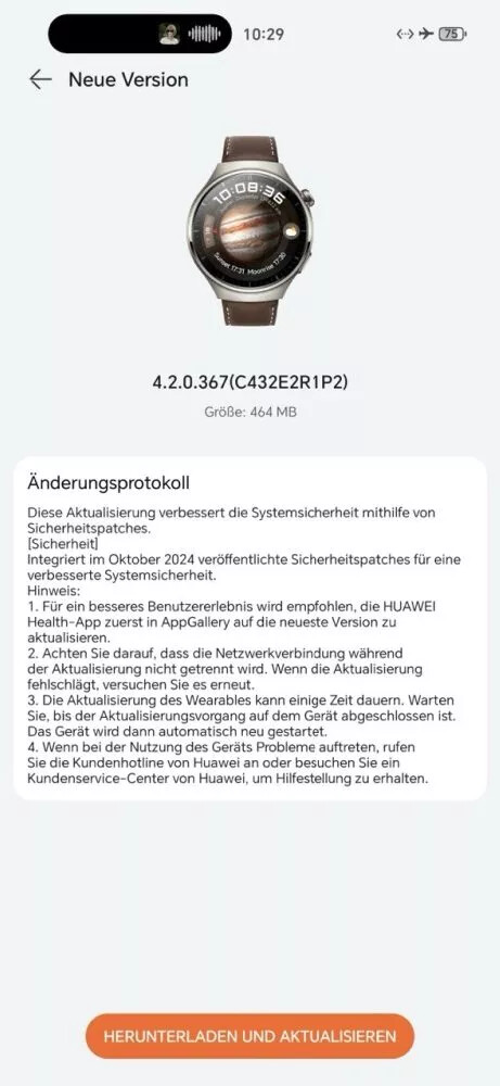 Informacje o wydaniu oprogramowania w wersji 4.2.0.367 dla Huawei Watch 4 Pro. (Źródło obrazu: Huaweiblog.de za pośrednictwem Google Translate)