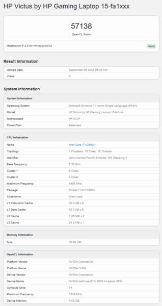 Nvidia GeForce RTX 3050 A Wynik Geekbench OpenCL (źródło obrazu: Geekbench)