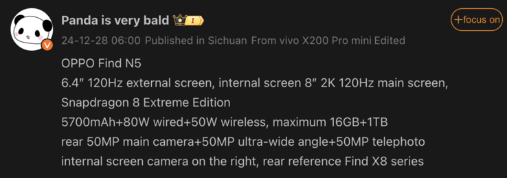 Wyciekły szczegóły dotyczące Oppo Find N5. (Źródło obrazu: Weibo - tłumaczenie maszynowe)