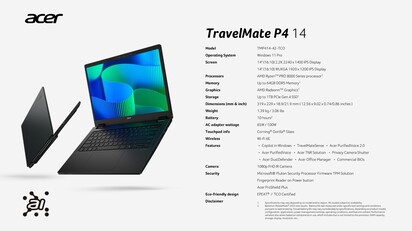 Acer TravelMate P4 14: Specyfikacja. (Źródło: Acer)