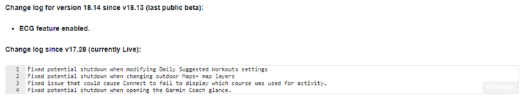 Dziennik zmian dla wersji beta Garmin 18.14. (Źródło obrazu: Garmin)