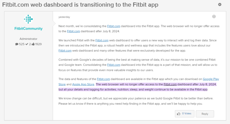 Post na forum informujący o wycofaniu internetowego pulpitu nawigacyjnego Fitbit.com.
