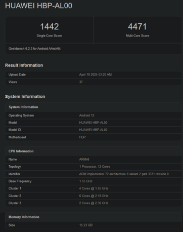 Wynik HiSilicon Kirin 9010 w Geekbench (zdjęcie za pośrednictwem Geekbench)