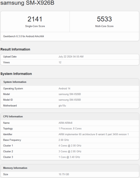 Samsung Galaxy Tab S10 Ultra Geekbench listing (źródło obrazu: Geekbench)