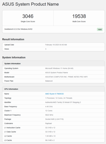 Ryzen 9 7900X3D Geekbench (źródło obrazu: Geekbench)