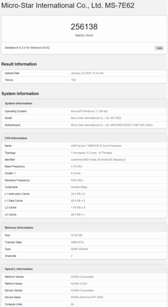 GeForce RTX 5080 OpenCL (źródło obrazu: Geekbench)