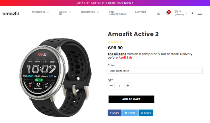 Smartwatch Amazfit Active 2 jest wymieniony jako niedostępny w niektórych krajach europejskich. (Źródło zdjęcia: Amazfit)