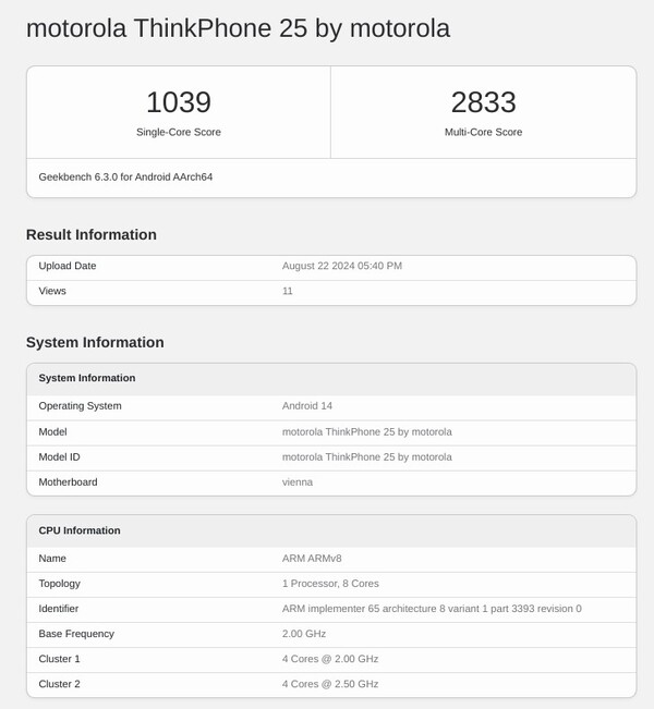 Nowy ThinkPhone ma mieć 8 GB pamięci RAM, ale prawdopodobnie pojawią się inne konfiguracje. (Źródło obrazu: Geekbench)