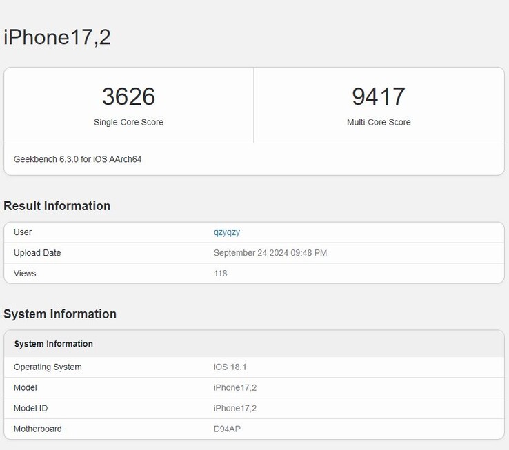 Apple Ostatnie wyniki A18 Pro w Geekbench ujawniają znaczny wzrost wydajności. (Źródło obrazu: Geekbench)