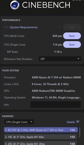 Wynik AMD Ryzen AI 7 350 Cinebench 2024 (źródło obrazu: Weibo)