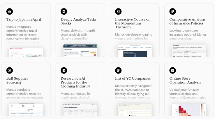 Przykłady złożonych poleceń, na które agent Manus AI może z łatwością odpowiedzieć. (Źródło obrazu: Manus AI)