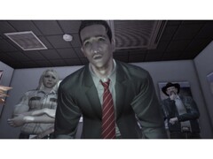 Zrzut ekranu z gry Deadly Premonition przedstawiający głównego bohatera i drugoplanową obsadę. (Źródło obrazu: Steam)