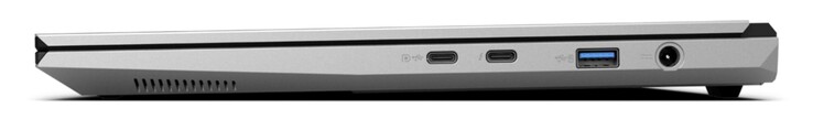 Po prawej stronie: USB-C 3.2 Gen. 2 (10 Gbit/s, DisplayPort 1.4a, kompatybilny z G-Sync, bez Power Delivery), USB-C 4.0 z Thunderbolt 4 (40 Gbit/s, DisplayPort 2.1, Power Delivery), USB-A 3.2 Gen. 2 (10 Gbit/s, zasilany), zasilanie na wejściu