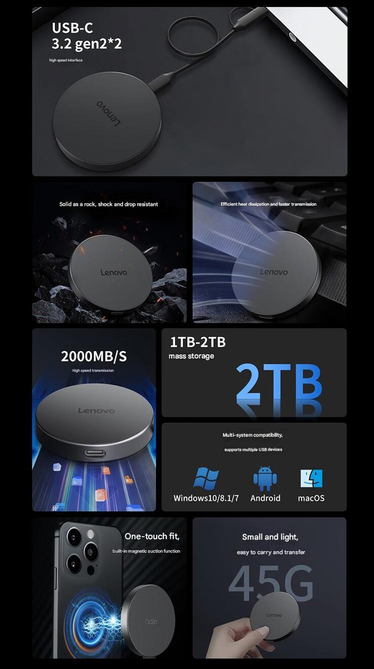 Główne zalety przenośnego magnetycznego dysku SSD Lenovo Y910 (Źródło obrazu: Lenovo - tłumaczenie maszynowe)