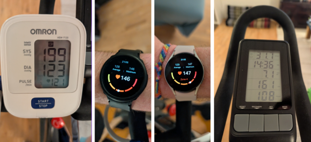 Porównanie ćwiczeń - Po lewej: Omron. Środkowy lewy: Galaxy Watch 4. Środek po prawej: Galaxy Zegarek 5. Po prawej: Rower (Źródło obrazu: David Devey / Notebookcheck)