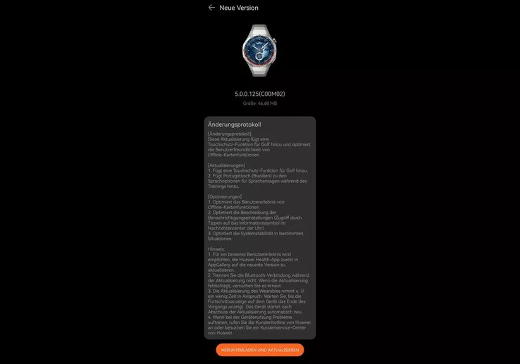 Dziennik zmian oprogramowania układowego w wersji 5.0.0.125 dla Huawei Watch GT 5 Pro. (Źródło obrazu: Huaweiblog.de)