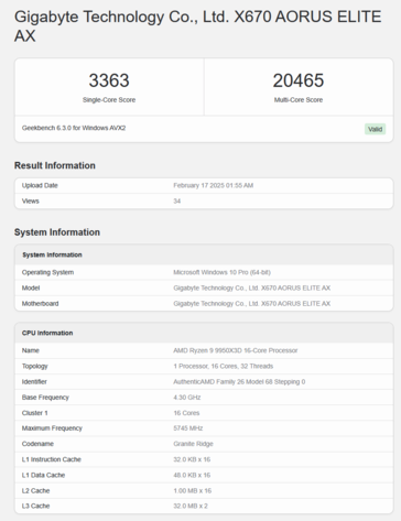 Ryzen 9 9950X3D Geekbench (źródło obrazu: Geekbench)