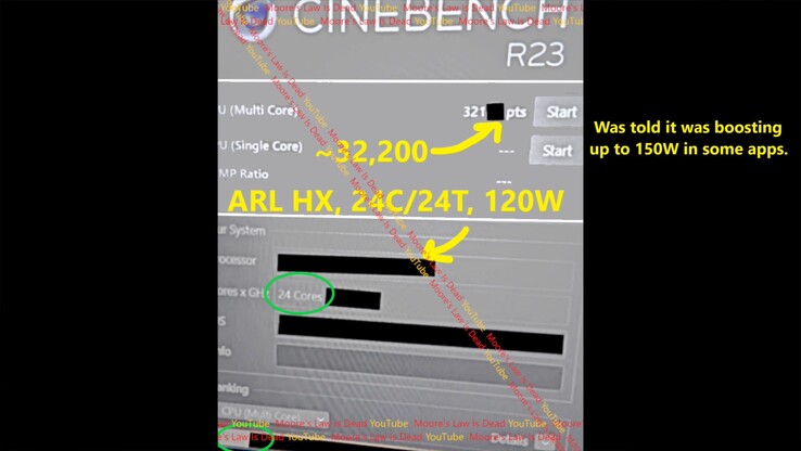 Wydajność Arrow Lake HX Cinebench R23. (Źródło obrazu: Moore's Law Is Dead na YouTube)