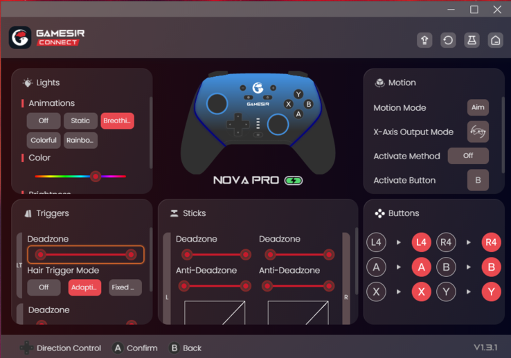 Główny interfejs użytkownika aplikacji GameSir Connect dla systemu Windows