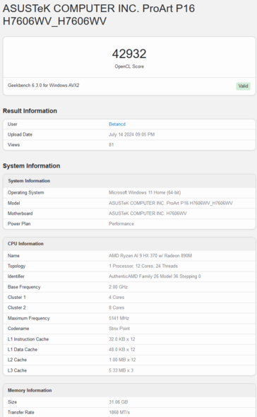 Wynik AMD Radeon 890M w Geekbench OpenCL (zdjęcie za pośrednictwem Geekbench)