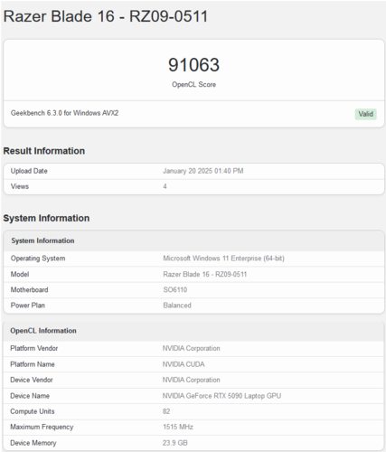 Wynik Geekbench karty graficznej Laptop GeForce RTX 5090 (źródło obrazu: Geekbench)