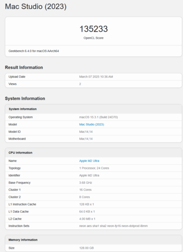 Apple Wynik M2 Ultra Geekbench GPU OpenCL (wynik obrazu Geekbench)