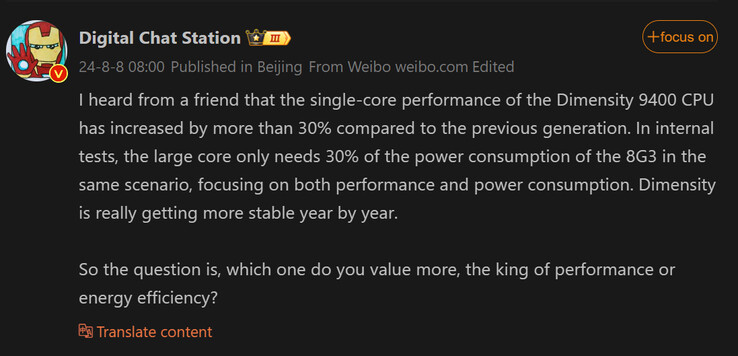 Najnowszy raport z Digital Chat Station na temat Dimensity 9400 (źródło obrazu: Weibo [tłumaczenie maszynowe])