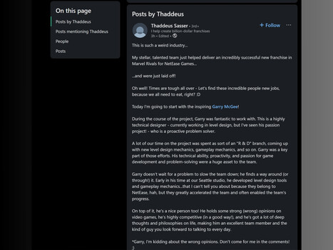 Post NetEase Games Thaddeus Sasser na LinkedIn (źródło obrazu: zrzut ekranu, LinkedIn)