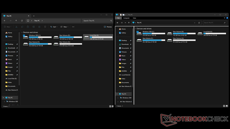 Stary i nowy Eksplorator plików, oba otwarte jednocześnie w systemie Windows 11 (źródło obrazu: Notebookcheck)