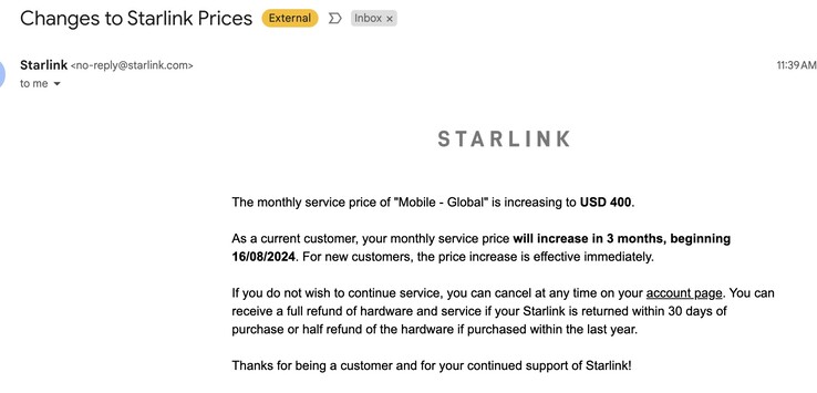 Ceny internetu Starlink w taryfie Mobile Global podwoją się