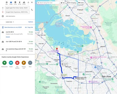 Odległość 16 km między Apple a Google można pokonać samochodem w krótkim czasie.