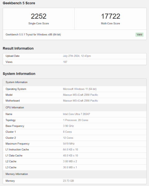 Wynik Intel Core Ultra 7 265KF w Geekbench 5.5 (źródło obrazu: Geekbench)