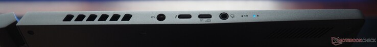 Lewa strona: Zasilanie, USB-C 4 (w tym DisplayPort 1.4 i PowerDelivery), USB-C 3.1 Gen 2, audio