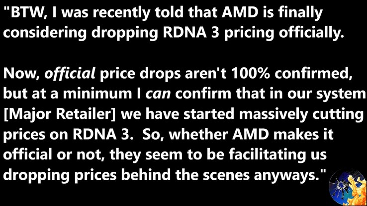 Wyciek informacji o obniżce cen AMD RDNA 3. (Źródło obrazu: Moore's Law Is Dead na YouTube)